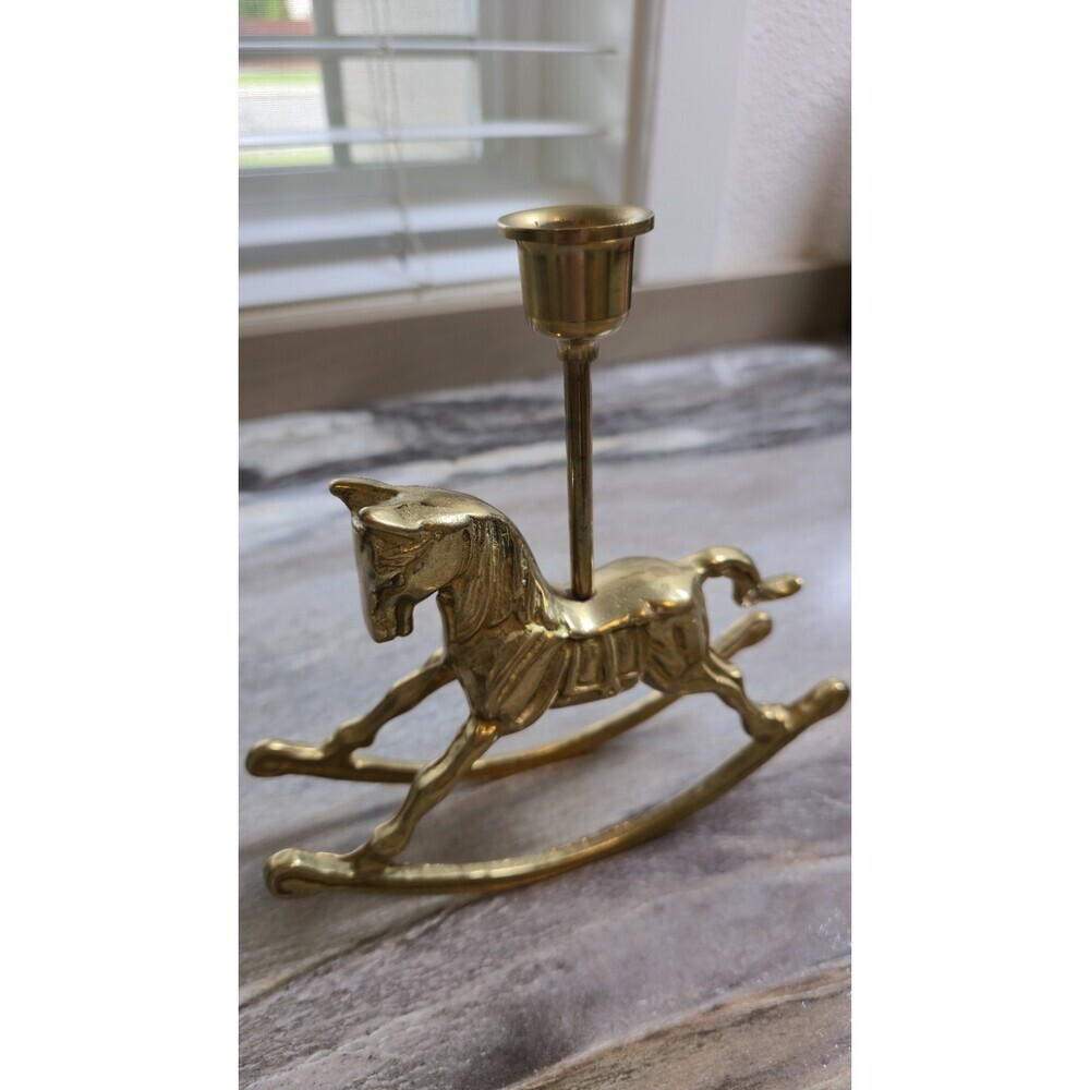 Vintage Solid Brass Rocking Horse Candlestick Holder Nursery Decor Taper Candle - Picture 3 of 8